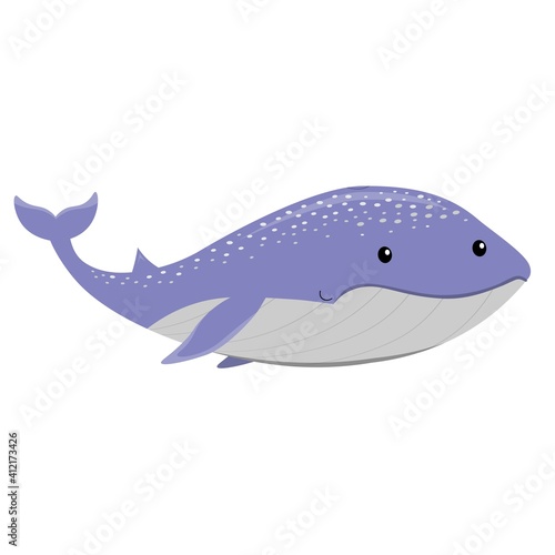 Cute cartoon blue whale (Balaenoptera musculus) isolated white background, vector illustration