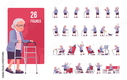 Old woman character set, pose sequences. Senior citizen, retired grandmother, old age pensioner, nice lonely grandma. Full length, different views, gestures, emotions, positions