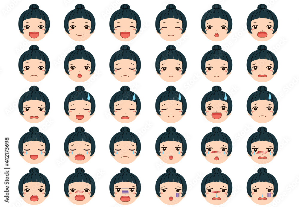 Fototapeta 白フチつきの笑顔や泣き顔 困り顔などの色んな表情の女の子の顔のイラストセット Naklejamy Com