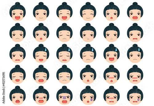 笑顔や落ち込んだり、泣き顔、困り顔などの色んな表情の女の子の顔のイラストセット