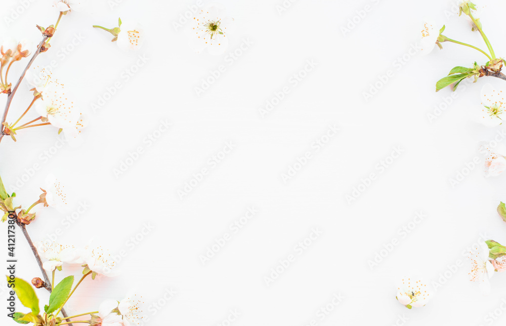 Fresh branches with white spring flowers on a white wooden background. Fresh branches with white spring flowers on a white wooden background.
