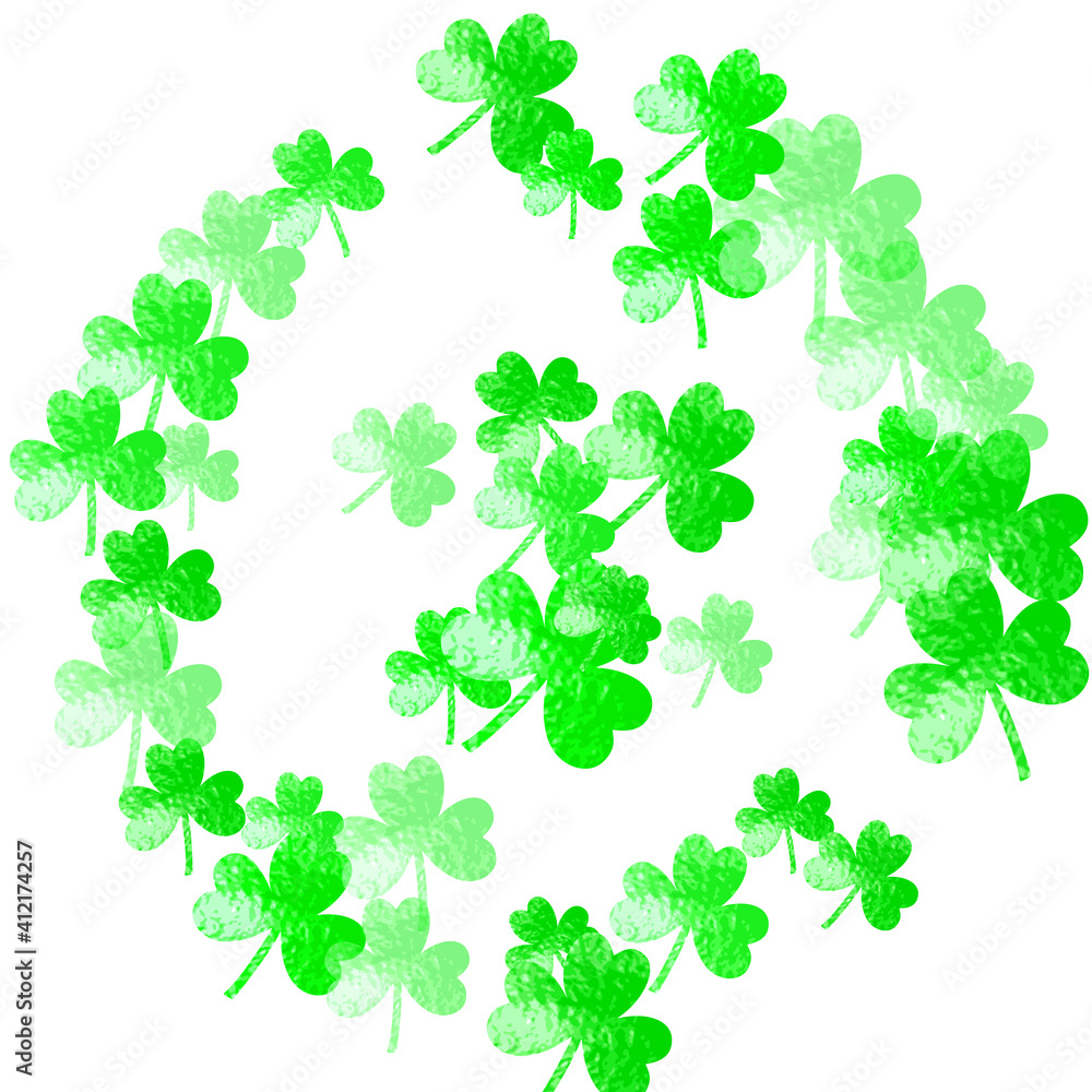 Fototapeta Shamrock background for Saint Patricks Day. Lucky trefoil confetti. Glitter frame of clover leaves.. Template for voucher, special business ad, banner. Greeting shamrock background.