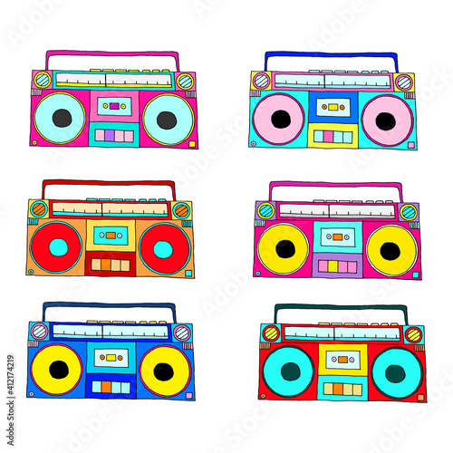 Set of bright tape recorders on a white background. Vector illustration.