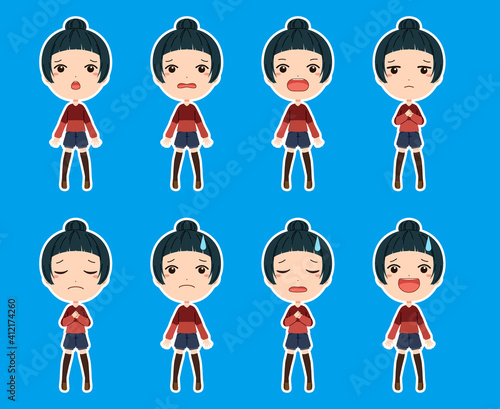 白フチつきの驚いたり落ち込んだりしている女の子の全身イラストセット