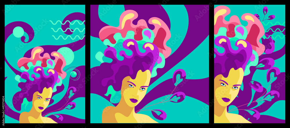 A bold, bright poster with psychedelic touches in a retro style. Banner design image with a young confident girl with bright hair on an abstract background. Psych Out trend A bold, bright poster with psychedelic touches in a retro style. Banner design image with a young confident girl with bright hair on an abstract background. Psych Out trend