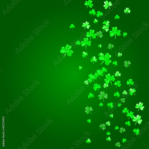 Shamrock background for Saint Patricks Day. Lucky trefoil confetti. Glitter frame of clover leaves.. Template for gift coupons, vouchers, ads, events. Festive shamrock background.