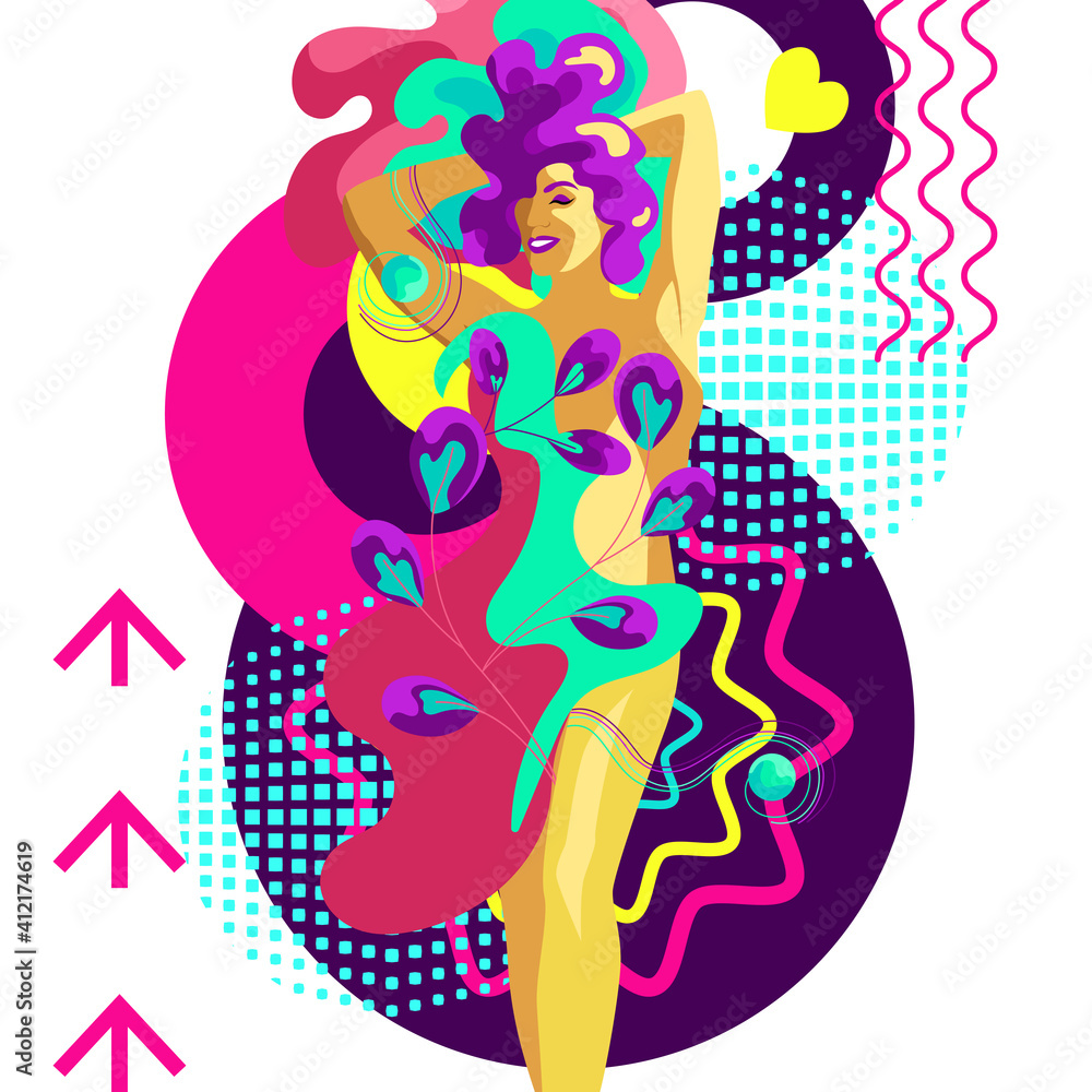 A bold, bright poster with psychedelic touches in a retro style. Banner design image with a young confident girl with bright hair on an abstract background. Psych Out trend A bold, bright poster with psychedelic touches in a retro style. Banner design image with a young confident girl with bright hair on an abstract background. Psych Out trend