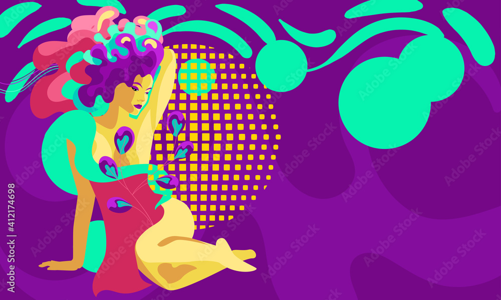 A bold, bright poster with psychedelic touches in a retro style. Banner design image with a young confident girl with bright hair on an abstract background. Psych Out trend A bold, bright poster with psychedelic touches in a retro style. Banner design image with a young confident girl with bright hair on an abstract background. Psych Out trend
