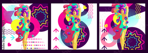 A bold, bright poster with psychedelic touches in a retro style. Banner design image with a young confident girl with bright hair on an abstract background. Psych Out trend