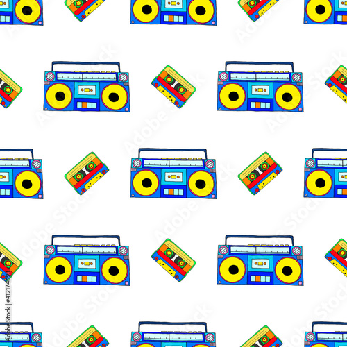 Seamless vector illustration with bright tape recorders and cassettes on a white background.
