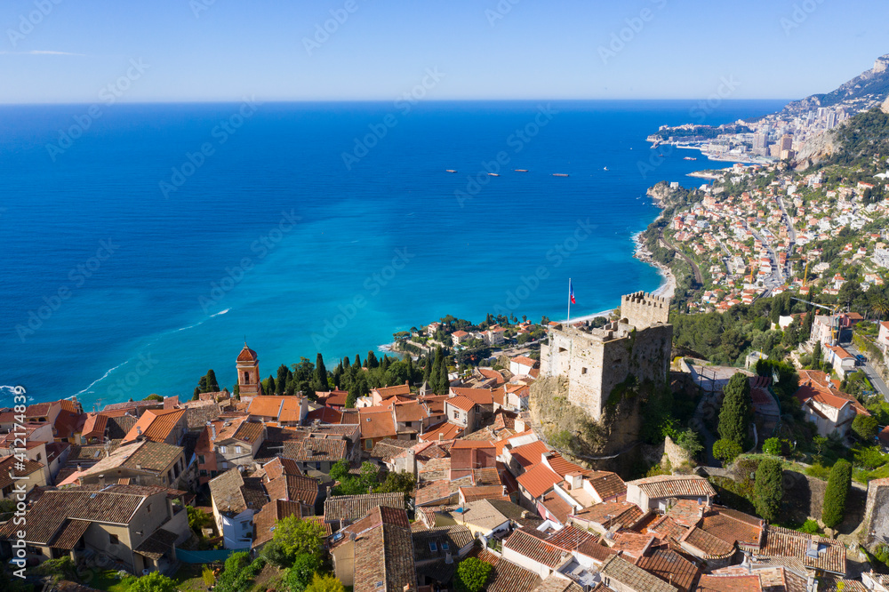 France, Alpes Maritimes department, Nice, Aerial view of the hilltop village of Roquebrune Cap Martin.