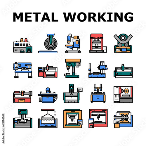 Metal Working Machine Collection Icons Set Vector. Welding And Sandblasting Machine, Laser And Boring Apparatus Metal Work Industrial Equipment Concept Linear Pictograms. Contour Color Illustrations