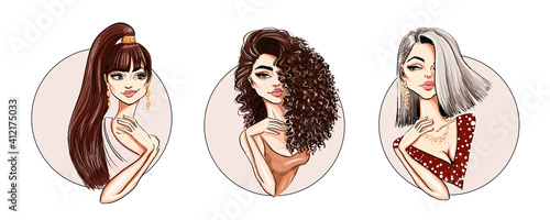 Set of three cool hairstyles with smiling girls