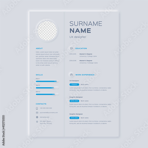 Modern cv resume template in neumorphic style.