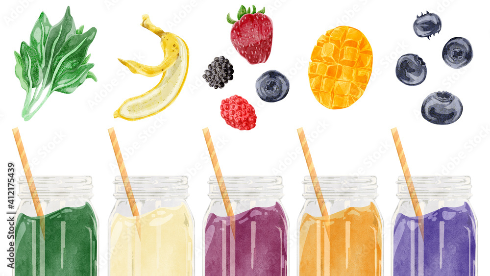 スムージー5種類手描き水彩風イラスト Stock Illustration Adobe Stock