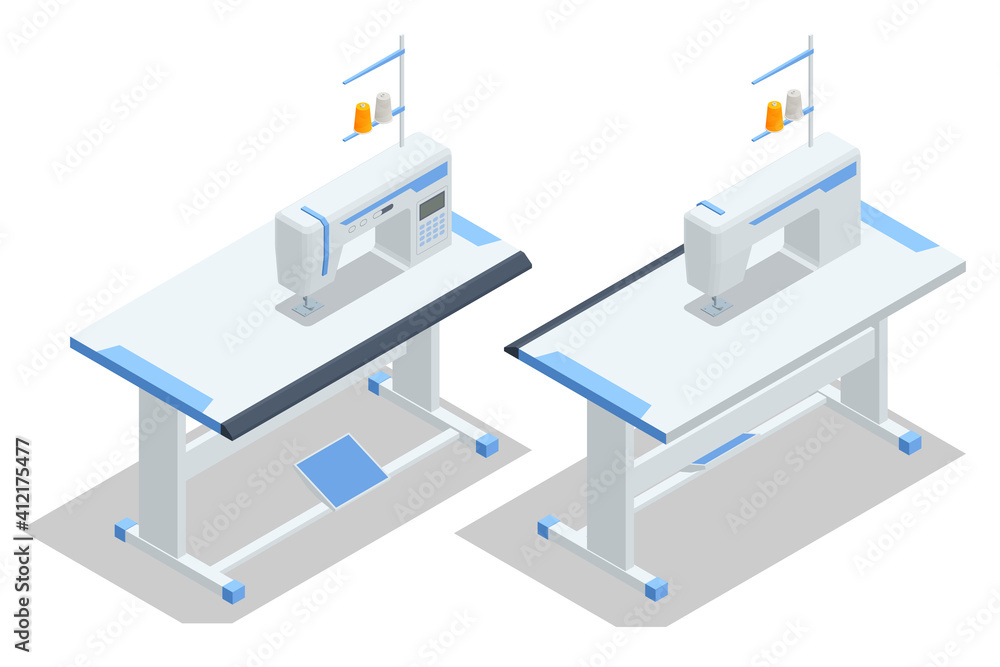 Isometric Sewing machine on table in tailor s workshop on a white background. Textile industry. Sewing accessories and fabric. Tailoring industry, fashion designer workshop, industry concept Isometric Sewing machine on table in tailor s workshop on a white background. Textile industry. Sewing accessories and fabric. Tailoring industry, fashion designer workshop, industry concept