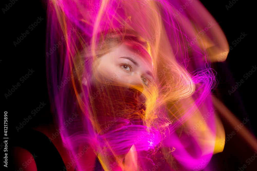 lightpainting portrait, new art direction, long exposure photo without photoshop, light drawing at long exposure