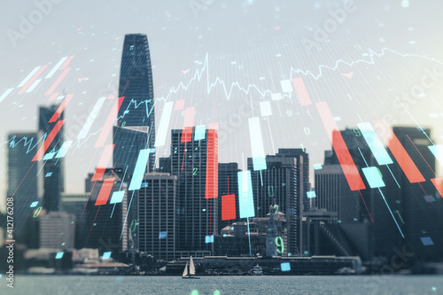 Double exposure of abstract virtual global crisis chart and world map hologram on San Francisco city skyscrapers background. Financial crisis and recession concept