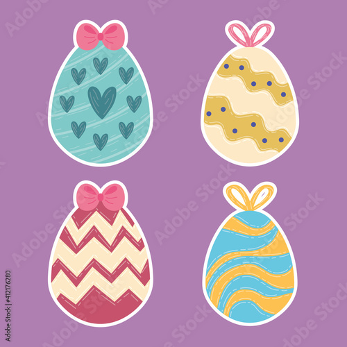 happy easter celebration card with four eggs painted