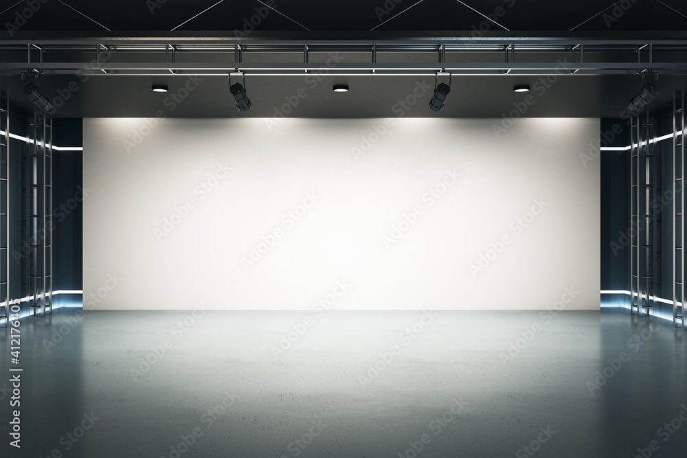Big blank light screen instead of wall with projectors in empty industrial style hall room with glossy floor. Mockup. 3D rendering.