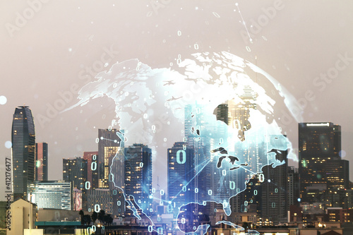 Multi exposure of abstract creative coding sketch and world map on Los Angeles city skyline background, artificial intelligence and neural networks concept