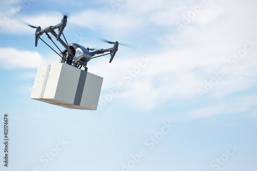 Modern fast delivery service with flying drone and cardboard parcel at blue sky background, fast delivery concept. 3D rendering.