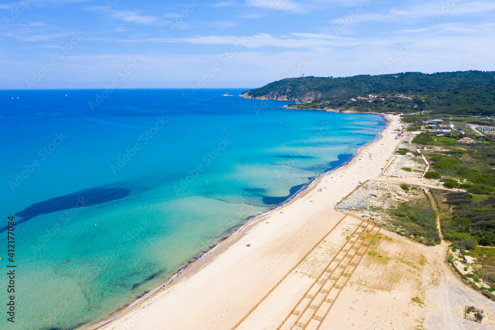 France, Var department, Ramatuelle - Saint Tropez, Aerial view of Pampelonne beach, the famous beach located on French Riviera