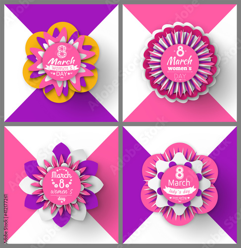 Womens day holiday cards with origami flowers. 8 March paper cut greetings, Japanese handcraft. Vector blossoms, shapes and figures, buds and leaves