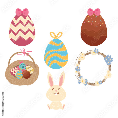 happy easter celebration card with eggs painted in basket and cute rabbit