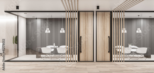 Eco style business meeting rooms with glass walls, wooden details, modern white furniture and black wall. 3D rendering