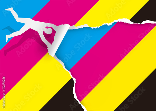 Man blowing in the wind, tearing paper, with print colors.
Torn paper illustration. Banner for presenting color printing. Vector available.