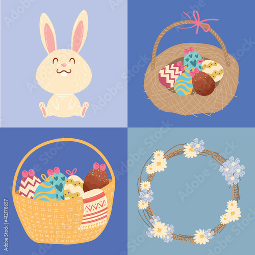 happy easter celebration card with rabbit and eggs in baskets