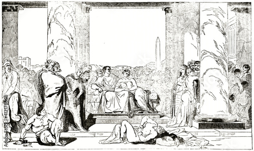 Antony and Cleopatra testing cruelly poisonous beverages on slaves at court. Ancient grey tone etching style art by unidentified author, Magasin Pittoresque, 1838
