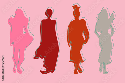 Abstract figures of females in flat and minimal style. Cartoon faceless characters in simple and colorful representation. Warm muted tones. Fictional fashion models posing in different clothes.  