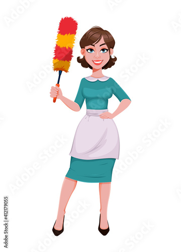 Cheerful housekeeper, mother, beautiful woman