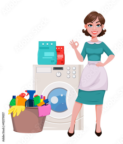 Cheerful housekeeper, mother, beautiful woman