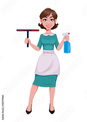 Cheerful housekeeper, mother, beautiful woman