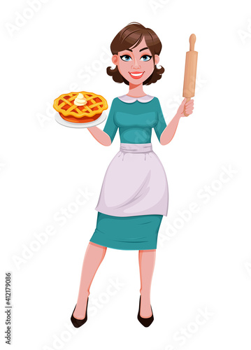 Cheerful housekeeper, mother, beautiful woman