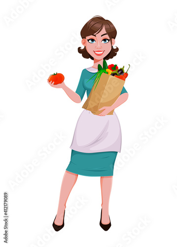 Cheerful housekeeper, mother, beautiful woman