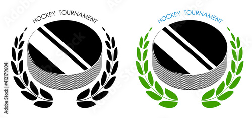 symbols sport black rubber puck for ice hockey on white background with winner laurel wreath. Hockey competition 2021. Isolated vector