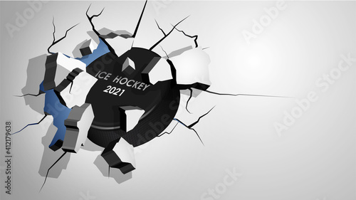 sport black rubber puck for ice hockey punched through the wall and breaks into shards, cracks on wall. Inflicting heavy damage. Vector