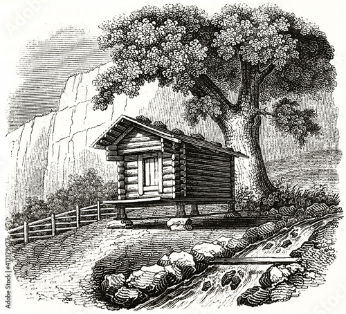 Small mountain chalet supported on stilts on stones close to a torrent under a big tree on a hill. Ancient grey tone etching style art by unidentified author, Magasin Pittoresque, 1838