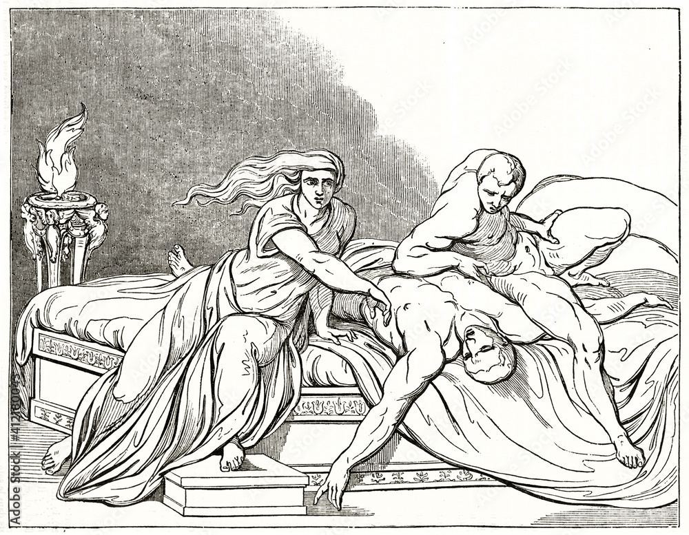 Obraz premium Emperor's Claudius death on his bed probably poisoned by Agrippina. Ancient grey tone etching style art by Guemied, Andrew, Best and leloir, Magasin Pittoresque, 1838