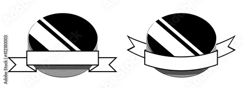 symbol set, sport black rubber puck for ice hockey on white background with ribbon. Hockey competition. Isolated vector