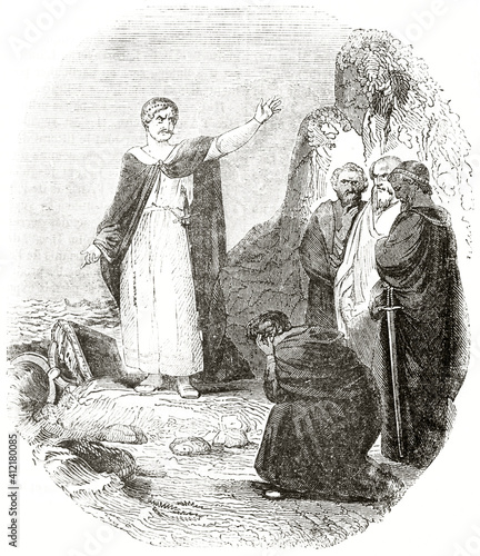King Cnut the Great showing his authority his unhappy courtiers. Ancient grey tone etching style art by unidentified author, Magasin Pittoresque, 1838
