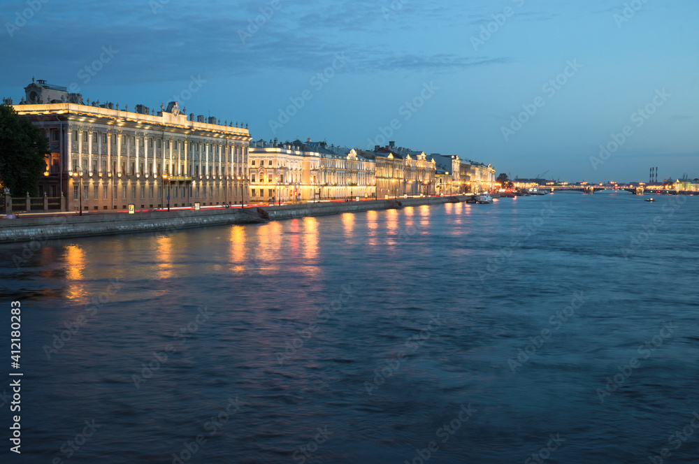 Night view from the Troitsky bridge in St. Petersburg. White nights cityscape.