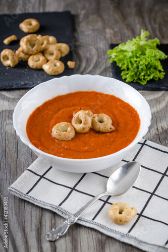 Vegetarian puree soup with tarallini and lettuce