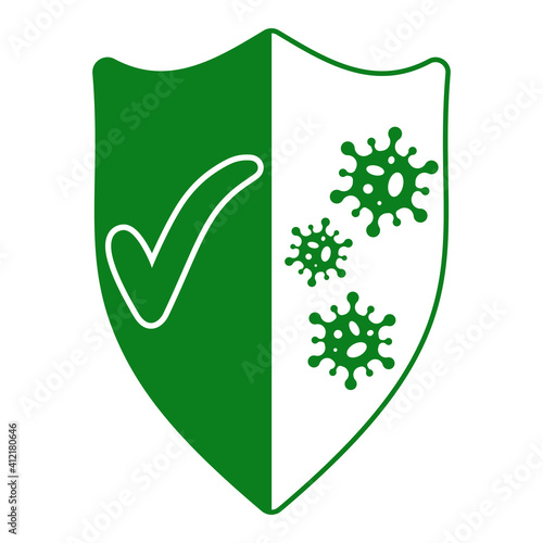 sign of protection from viruses, shield with a green tick and bacterial viruses coronavirus, vector immunity antibody protection against disease, prevention flu