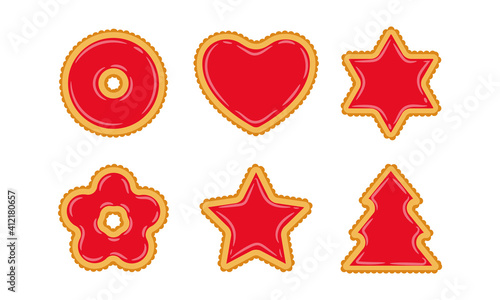 Set of cookies of different shapes with red jelly filling. Fat, high-calorie, unhealthy food. Dessert, yummy, delicious. Illustration in cartoon flat style. Isolated on a white background