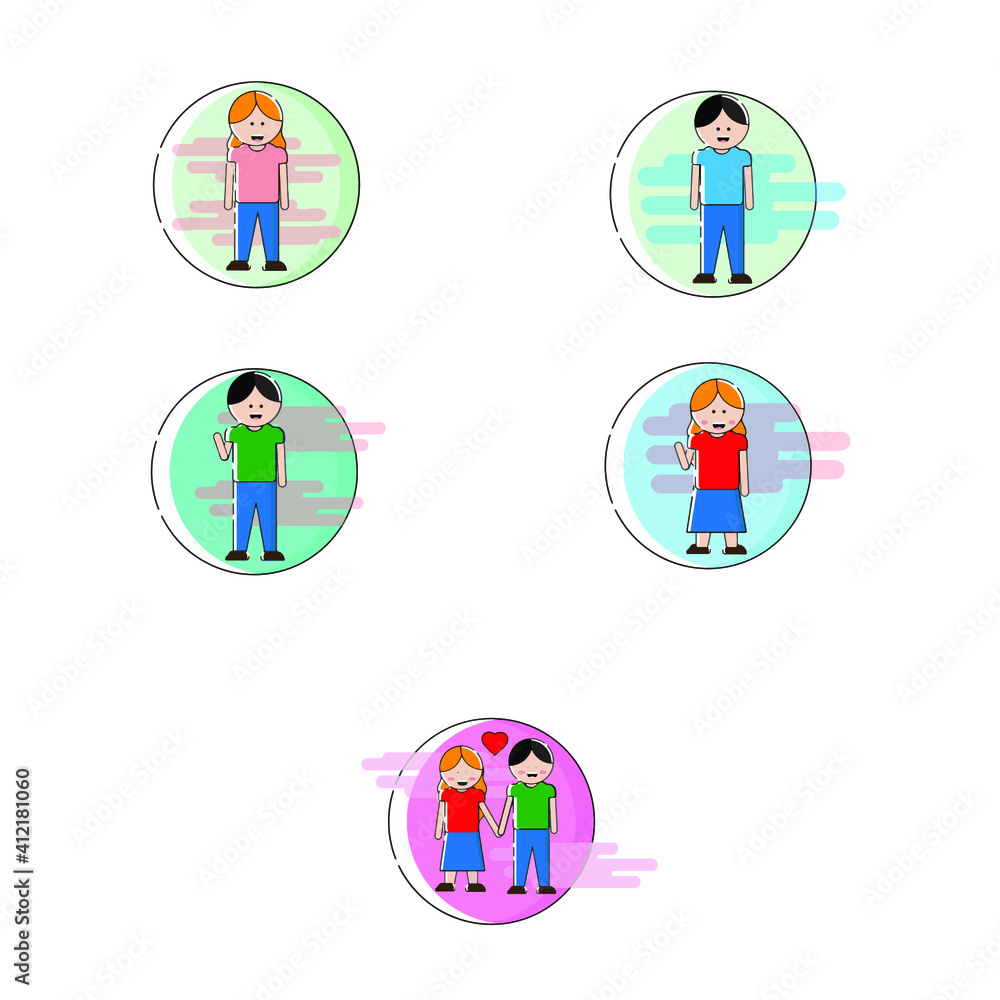 MBE style Collection of line art stickers. The boy and the girl met and fell in love with each other. MBE style Collection of line art stickers. The boy and the girl met and fell in love with each other.